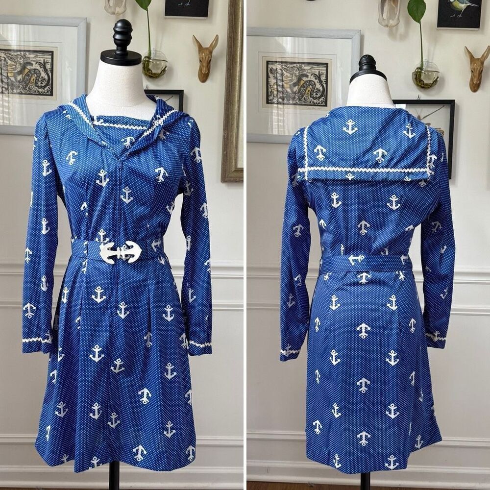 Vintage 70s House of She Ltd Zip Front Anchor Sailor Dress M - Picture 2 of 10